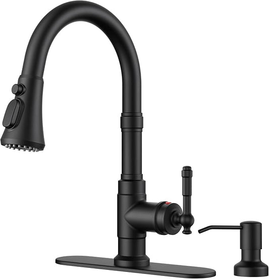 FORIOUS Vintage Kitchen Faucet with Soap Dispenser and Pull Down Sprayer, Matte Black High Arc Single Handle Stainless Steel Classic Sink Faucet for Farmhouse Camper Rv Bar, Fit for 1 or 3 Hole