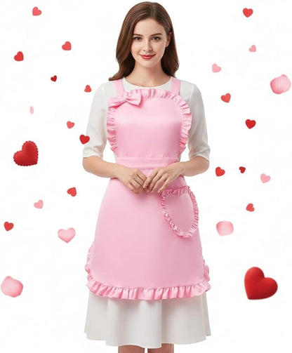 Geyoga Valentine Pink Long Ruffle Aprons for Women with Pockets Kitchen Maid Apron Vintage Skirt Cute Ruffle Dress Costume