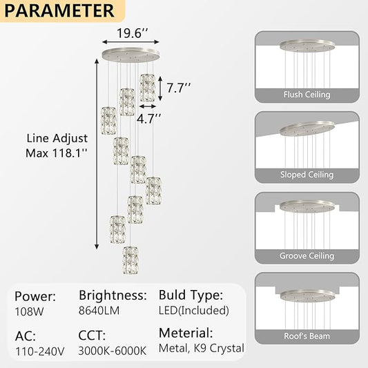 9-Lights Modern Crystal LED Dimmable for Staircase Foyer High Ceiling Chandeliers Hallway Nickel