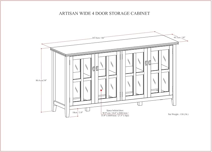 SIMPLIHOME Artisan SOLID WOOD 66 Inch Wide Contemporary Wide 4 Door Storage Cabinet in Russet Brown, For the Living Room, Entryway and Family Room