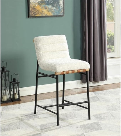 Lilola Home Lahni 18" W White Boucle Fabric Counter Height Chair – Contemporary Upholstered Bar Stool with Cognac PU Leather Detail and Fully Assembled Design for Kitchen Dining Room