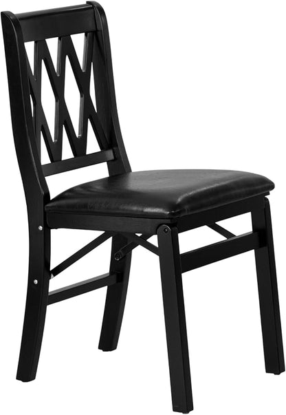 East West Furniture - PNC-BLK-49, A Plano Folding Solid Wood Dinner Chairs with PU Leather Seat, 3-X Back Design, Set of 2, Fully Assembled, Black Wood Finish