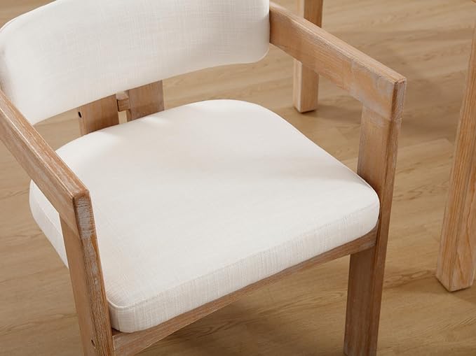 Farmhouse Dining Chairs Set of 4, Accent Barrel Kitchen Armchairs with Solid Wood Legs, Upholstered Linen Side Chairs for Dining Room/Living Room/Kitchen Island/Bedroom/Restaurant, Beige