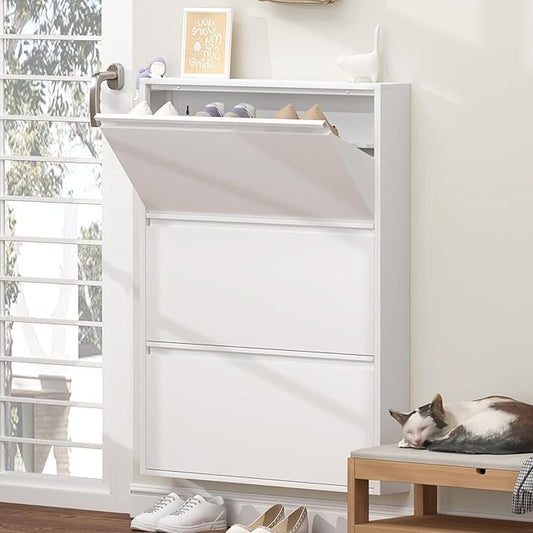 GREATMEET Slim Wall Mounted Metal Storage Cabinet with 3 Flip Drawers, Steel Hidden Shoe Cabinet Storage for Entryway, Modern Narrow Shoe Rack Organizer Cabinets for Entrance, Mudroom, Hallway, White