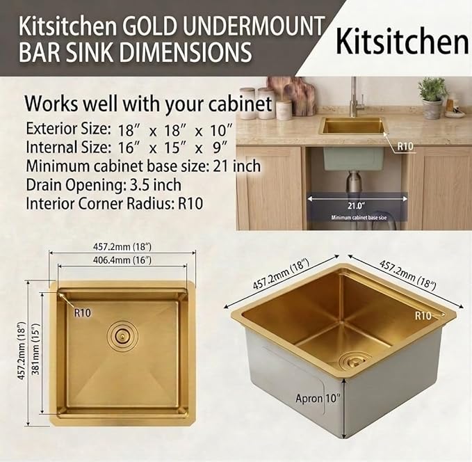 Kitsitchen Gold Bar Sink Undermount,18 Inch Small Bar & Prep Sinks,16 Gauge Stainless Steel Bar Sink with Workstation for Wet Bar Area(18" X 18" X 10")