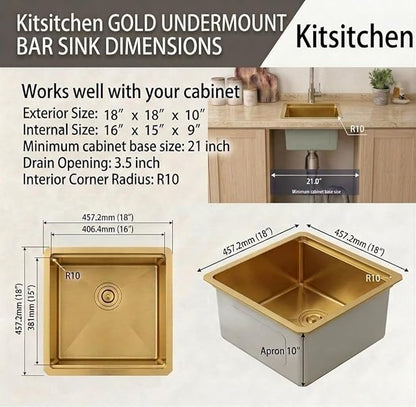 Kitsitchen Gold Bar Sink Undermount,18 Inch Small Bar & Prep Sinks,16 Gauge Stainless Steel Bar Sink with Workstation for Wet Bar Area(18" X 18" X 10")
