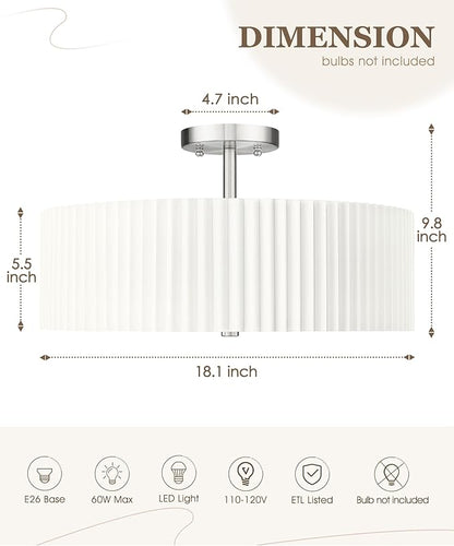 Semi Flush Mount Ceiling Lights, 4-Light 18" Ceiling Light Fixture with White Pleated Fabric Shade, Brushed Nickel Drum Lamp for Nursery Hallway Bedroom Kitchen, AD-25036-4SF-SN