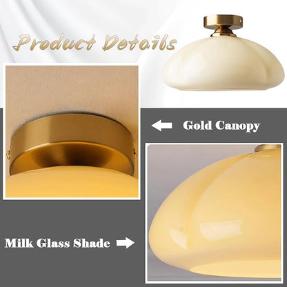 Bofea-Modern Gold Semi Flush Mount Ceiling Light Schoolhouse Ceiling Light Fixture Gold Overhead Lights Fixture with Cream Glass Shade Brass Semi Flush Lamp for Bedroom Hallway Kitchen