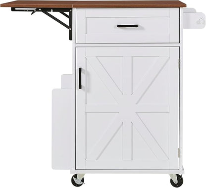 39.3" Farmhouse Kitchen Island with Drop Leaf and Open Side Rack, Small Kitchen Rolling Cart with Drawer and Storage Cabinet, Mobile Dining Table with Lockable Wheels and Towel Rack for Garden White