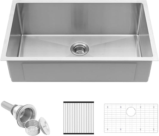 30 Inch Undermount Kitchen Sink - Delironexu 16 Gauge Stainless Steel Handmade Single Bowl Kitchen Sinks with Brushed Finish and Accessories, Modern Sink,30"x18"x9"