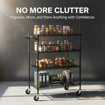 Finnhomy 4 Tier Heavy Duty Commercial Grade Rolling Cart with Handle Bar, Metal Wire Utility Cart with Wheels, Shelf Size 18" D x 30" W, NSF Listed, Black