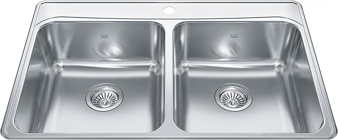 Kindred Creemore 33-in LR x 22-in FB x 8-in DP Drop In Double Bowl 1-Hole Stainless Steel Kitchen Sink, FCDLA3322-8-1CBN