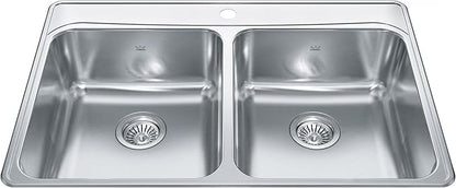 Kindred Creemore 33-in LR x 22-in FB x 8-in DP Drop In Double Bowl 1-Hole Stainless Steel Kitchen Sink, FCDLA3322-8-1CBN