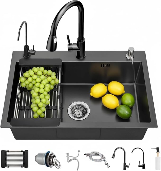 Drop In Kitchen Sink with Faucet Combo18 Gauge Stainless Steel Single Bowl Kitchen Sink Large Deep Round Corner Handmade Topmount Overmount Basin Kitchen Sinks (30"x19")