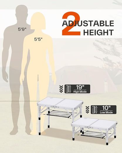 Sportneer Camping Table: Adjustable Height Small Folding Table 23.6" L x 15.7" W 2 Height with Mesh Layer - Compact & Portable Camping Essentials for Outdoor Camp Garden Picnic BBQ Dining Cooking