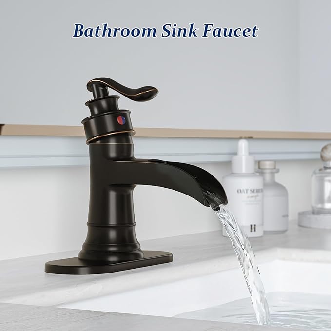BWE Bathroom Sink Faucet Oil Rubbed Bronze Waterfall with Pop Up Drain Stopper Assembly Water Supply Hose Rustic Lead-Free Lavatory Vanity Bath Black Farmhouse Faucet Single Handle Mixer Single Hole