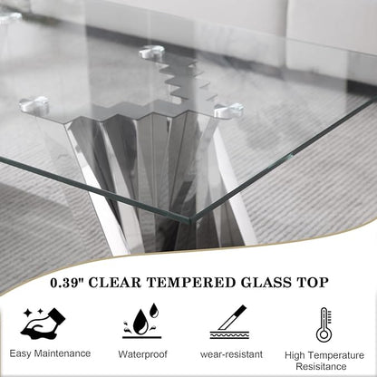 2 Piece Glass Coffee Table Set of 2 Modern Silver Living Room Table Set Include Coffee Table & Sofa Table,Tempered Glass Top with Stainless Steel Base for Home Office