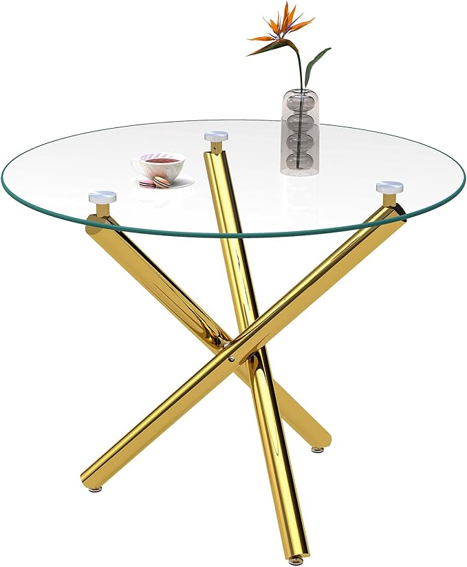 Pvillez 36“ Round Dining Table for 4, Contemporary Tempered Glass Dining Table, Small Dinner Table with Gold Cross Metal Base, Round Clear Kitchen Table Writing Desk for Dining Kitchen