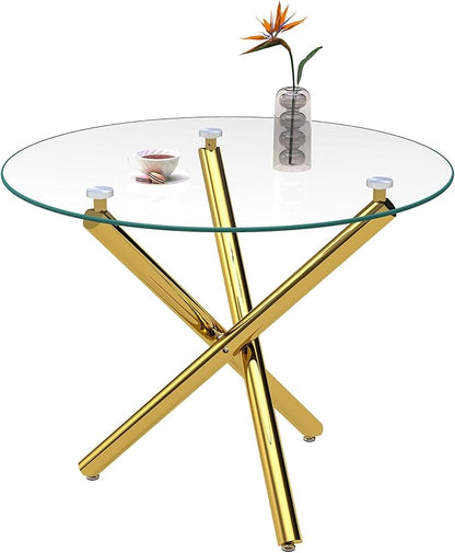 Pvillez 36“ Round Dining Table for 4, Contemporary Tempered Glass Dining Table, Small Dinner Table with Gold Cross Metal Base, Round Clear Kitchen Table Writing Desk for Dining Kitchen