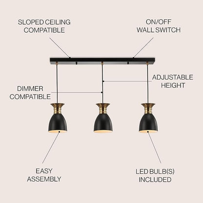 JONATHAN Y 33.25" Black/Brass Gold Modern Metal LED Pendant Light Fixture, Adjustable Hanging Ceiling Lamp for Kitchen Island Bedside, Metal Black Shade, LED Bulb Included (JYL6138A)