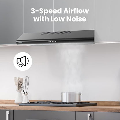 COMFEE' 30 Inch Under Cabinet Range Hood, 3-Speed Slim Black Hood Fan for Kitchen, Convertible Ducted/Ductless Vent Hood, Stove Hood Vent with Reusable Filters and 65dB Low Noise