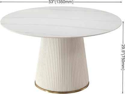 53 Inch Round Sintered Stone Dining Table, Scratch & Heat Resistant Kitchen Table for 4-6 People, Modern Metal Wood Base, Easy Clean Round Dinner Table for Home Dining Room
