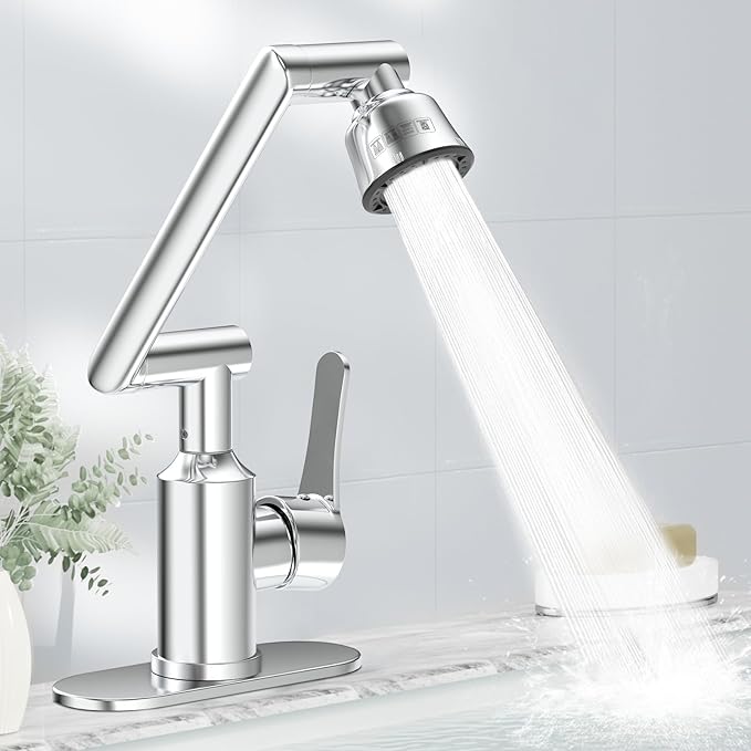 Bathroom Sink Faucet, FunnyAir Stainless Steel 1080° Rotatable Faucet for Sink 1 Hole or 3 Holes, Modern Style Single Handle Bathroom Faucets with Hot and Cold Hoses, Silver