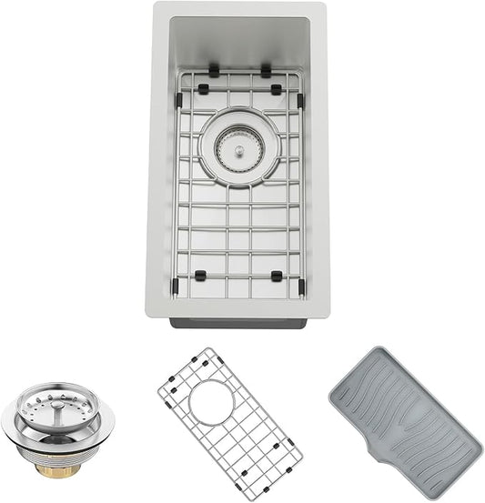 Kitchen And Bar Sink,10x18 Inch Stainless Steel Drop In Single Bowl Undermount RV Prep Small Kitchen&Bar Sink Ideal Choice For Small Space Come With Bottom Grid,Soap Mat And Drain Assembly