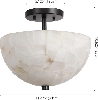 JONATHAN Y 12" White Marbling/Black Modern 2-Light LED Semi Flush Mount Light, Inverted Dome Ceiling Fixture with White Alabaster Shade for Bedroom, Hallway, LED Bulbs Included (JYL1205B)
