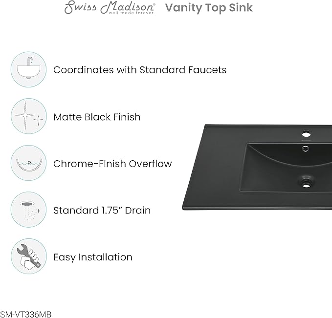 36" Ceramic Vanity Top with Single Faucet Hole in Matte Black