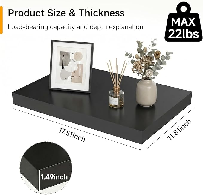 INHABIT UNION 17.5in Floating Shelves for Wall, Wall Mounted Shelves for Decor Storage Set of 2, Floating Shelf for Bedroom, Bathroom, Living Room and Kitchen（Black）