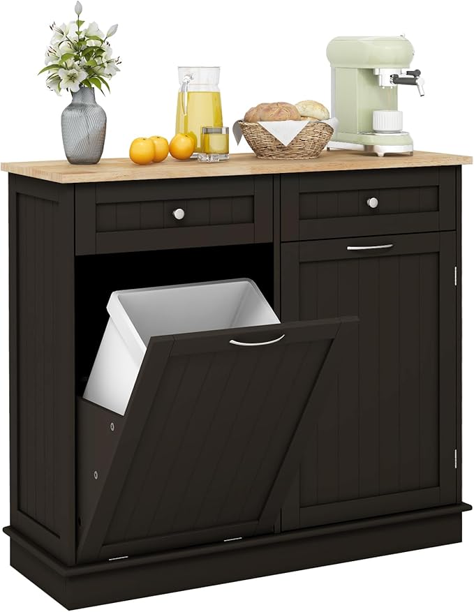 Giantex Tilt Out Trash Can Cabinet, Kitchen Island Table w/RubberWood Top, 2 Drawers, Adjustable Shelf for Hidden Laundry Hamper, Pet Proof Garbage Can for Dining Living Room (Brown, 15.5 Gal)