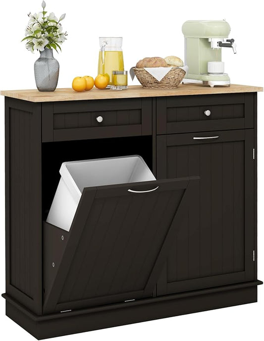 Giantex Tilt Out Trash Can Cabinet, Kitchen Island Table w/RubberWood Top, 2 Drawers, Adjustable Shelf for Hidden Laundry Hamper, Pet Proof Garbage Can for Dining Living Room (Brown, 15.5 Gal)