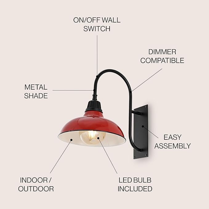 JONATHAN Y 12.25" Red/Black 1-Light Farmhouse Gooseneck Outdoor Wall Sconce Lamp, with Black Metal Bowl Shade, Industrial Iron LED Porch Light for Patio Garage Entryway (JYL7614E)