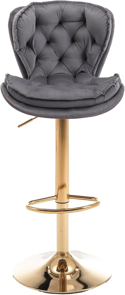 Rhomtree 24-33 Inch Swivel Bar Stools, Adjustable Counter Height Barstools, Velvet Tufted Back and Golden Footrest, Bar Chairs Kitchen Island, Cafe, Bar Counter, Dining Room, Coffee(Grey Set of 2)