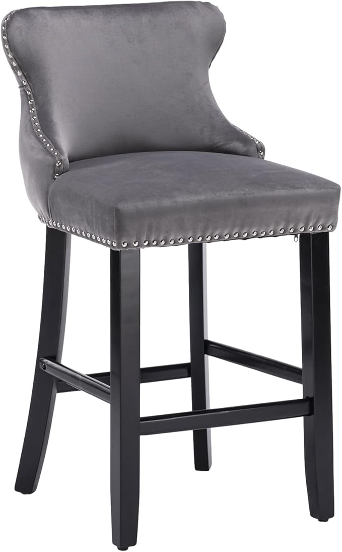 Rhomtree Elegant Button Tufted Upholstered Fabric Bar Stools with Nailhead Trim, Dining Side Chair, Leisure Padded Chairs with Solid Wooden Legs Home Kitchen Island Wooden Bar Chairs (Grey, Set of 2)