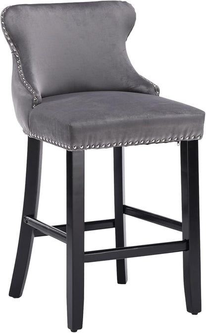 Rhomtree Elegant Button Tufted Upholstered Fabric Bar Stools with Nailhead Trim, Dining Side Chair, Leisure Padded Chairs with Solid Wooden Legs Home Kitchen Island Wooden Bar Chairs (Grey, Set of 2)