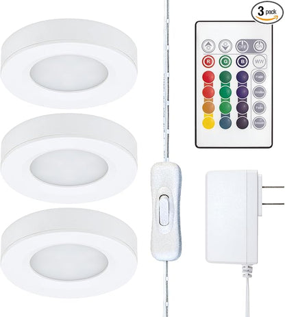 Under Cabinet LED Puck Lighting Kit with 3 RGB Multicolor LED Puck Lights, Remote, On/Off Switch & Plug in 333310