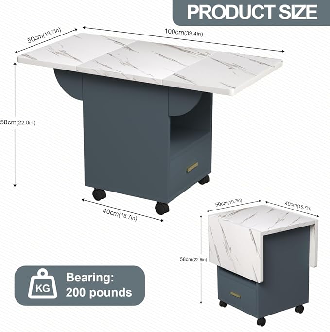 JIJIWANG 39.4" Modern Grey Wood Folding Dining Table with Storage, 4 Wheels, Extendable to 39.37"L x 19.69"W, 4-6 Seating, Grey Top, 15mm Thick, Engineered Wood