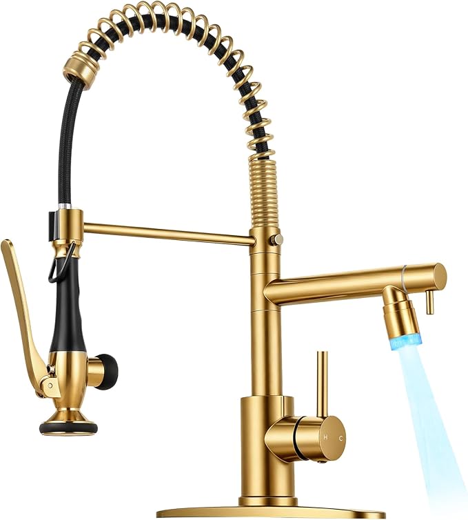 LED Kitchen Faucet with Pull Down Sprayer - Brushed Gold Single Handle Commercial Kitchen Faucets, 2-Spout Stainless Steel Spring Pull Out Kitchen Sink Faucet 1/3 Hole with Deck Plate