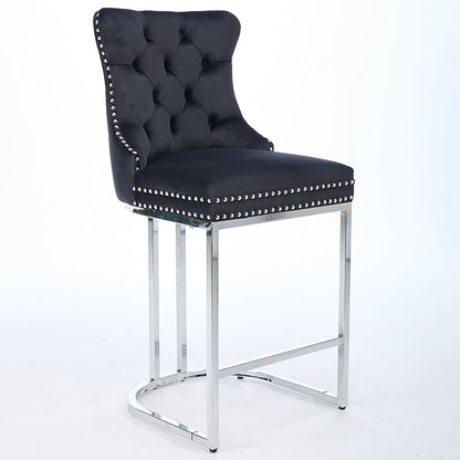 25" Counter Height Bar Stools Set of 2, Velvet Bar stools with Button BackRivet Trim Upholstered Kitchen Island Chairs with Sturdy Chromed Metal Base Legs Bar Stools, (Black,2 Pack)