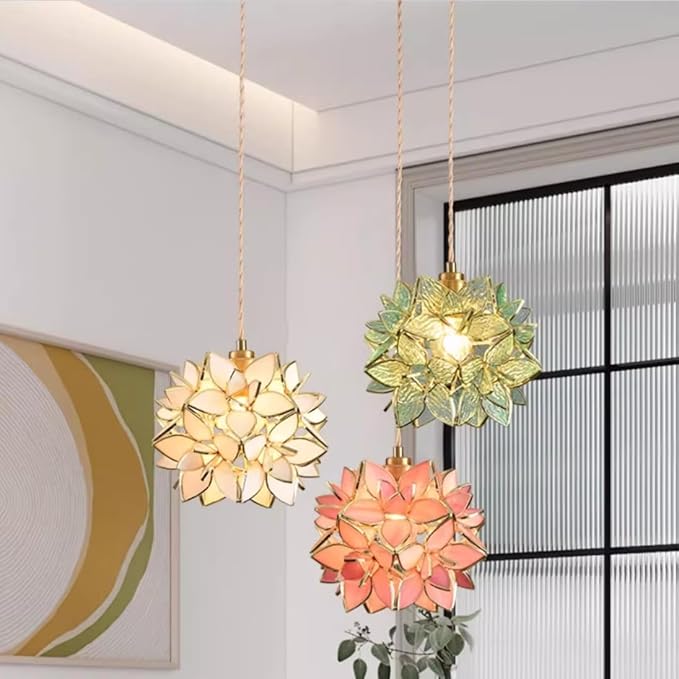 Modern Pendant Light Flower Petals Hanging Light Fixture 7 Inch White Tiffany Stained Glass Shade Mini Glass Pendant Lighting for Kitchen Island