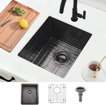Black Undermount Bar Sink, 15 x 17 inch Undermount Kitchen Sink Small Wet Bar 16 Gauge Stainless Steel Single Bowl for Outdoor RV