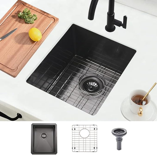 Black Undermount Bar Sink, 15 x 17 inch Undermount Kitchen Sink Small Wet Bar 16 Gauge Stainless Steel Single Bowl for Outdoor RV