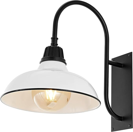 JONATHAN Y 12.25" White/Black 1-Light Farmhouse Gooseneck Outdoor Wall Sconce Lamp, with Black Metal Bowl Shade, Industrial Iron LED Porch Light for Patio Garage Entryway JYL7614A