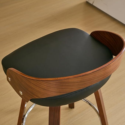 Bar Stools Set of 2, Mid Century Modern Swivel Stools with Low Back, 25" Counter Height Wooden Bar Chairs with Soft Faux Leather Cushion, for Kitchen Island, Bar & Home,Black