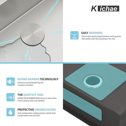 Kichae 26 Inch Undermount Kitchen Sink Single Bowl Stainless Steel Kitchen Sink 26" Under Mount Round Corner Deep Basin 26x18x9 Inch