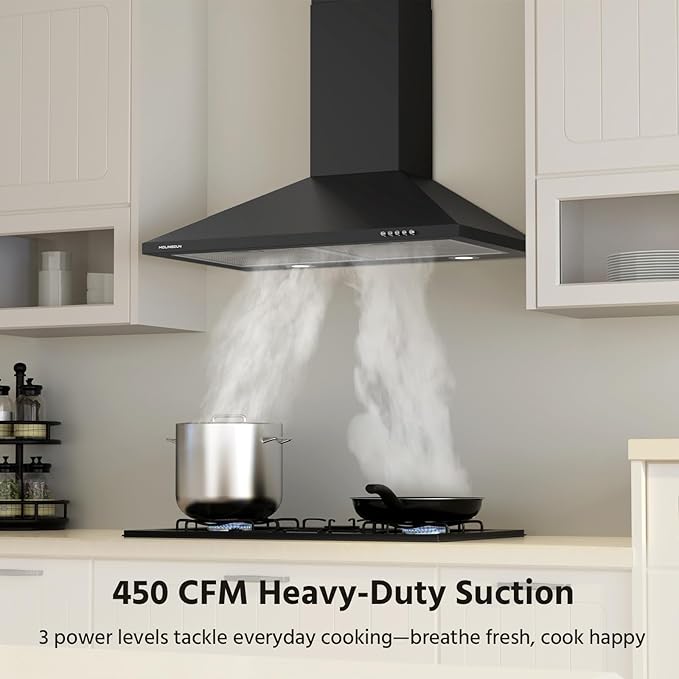 Range Hood 30 inch, 450 CFM Wall Mount Kitchen Hood in Cold Steel with Black Powder Coating Finish, LED Lighting, 3 Speed Exhaust Fan, Ducted/Ductless Convertible (Charcoal Filters Included)