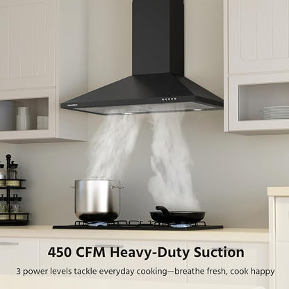 Range Hood 30 inch, 450 CFM Wall Mount Kitchen Hood in Cold Steel with Black Powder Coating Finish, LED Lighting, 3 Speed Exhaust Fan, Ducted/Ductless Convertible (Charcoal Filters Included)
