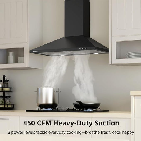 Range Hood 30 inch, 450 CFM Wall Mount Kitchen Hood in Cold Steel with Black Powder Coating Finish, LED Lighting, 3 Speed Exhaust Fan, Ducted/Ductless Convertible (Charcoal Filters Included)